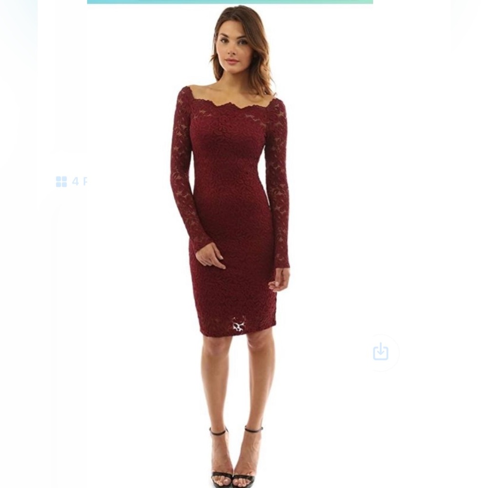 Red PattyBoutik Lace Dress with Scalloped Neckline - Medium